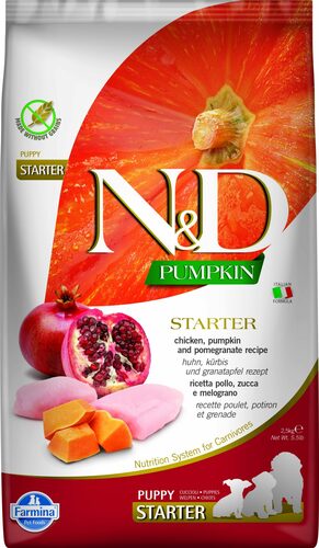 N&D dog pumpkin bezgraudu sausā barība ar vistu, ķirbi un granātāboliem, STARTER, kucēniem līdz 2mēnešiem 2,5kg