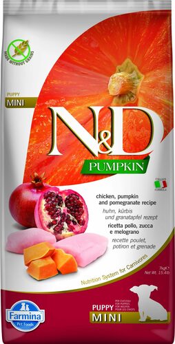 N&D dog pumpkin bezgraudu sausā barība ar vistu, ķirbi un granātāboliem, mazo šķirņu kucēniem 2,5kg