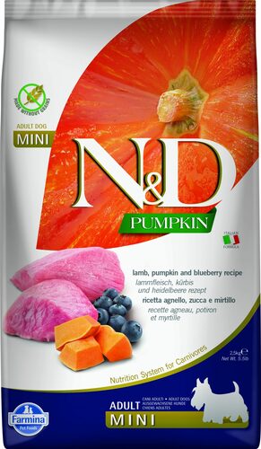 N&D dog dry food with lamb, pumpkin, and blueberries for adult small breed dogs 7kg