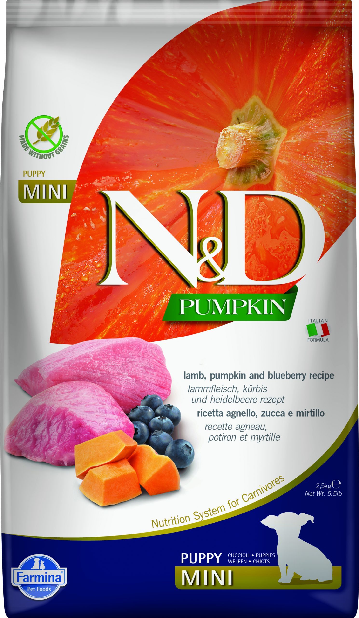 N&D dog pumpkin bezgraudu sausā barība ar jēru, ķirbi un mellenēm, mazo šķirņu kucēniem 800g