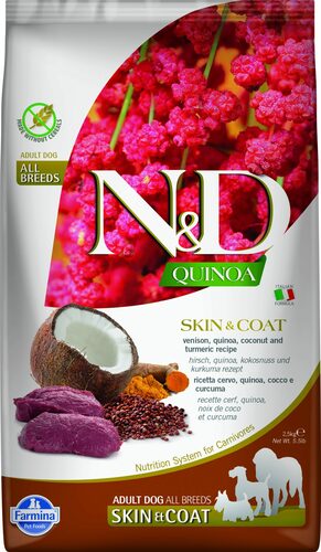 N&D dog grain-free dry food with venison, quinoa, coconut, and turmeric, for adult dogs, skin&coat 7kg