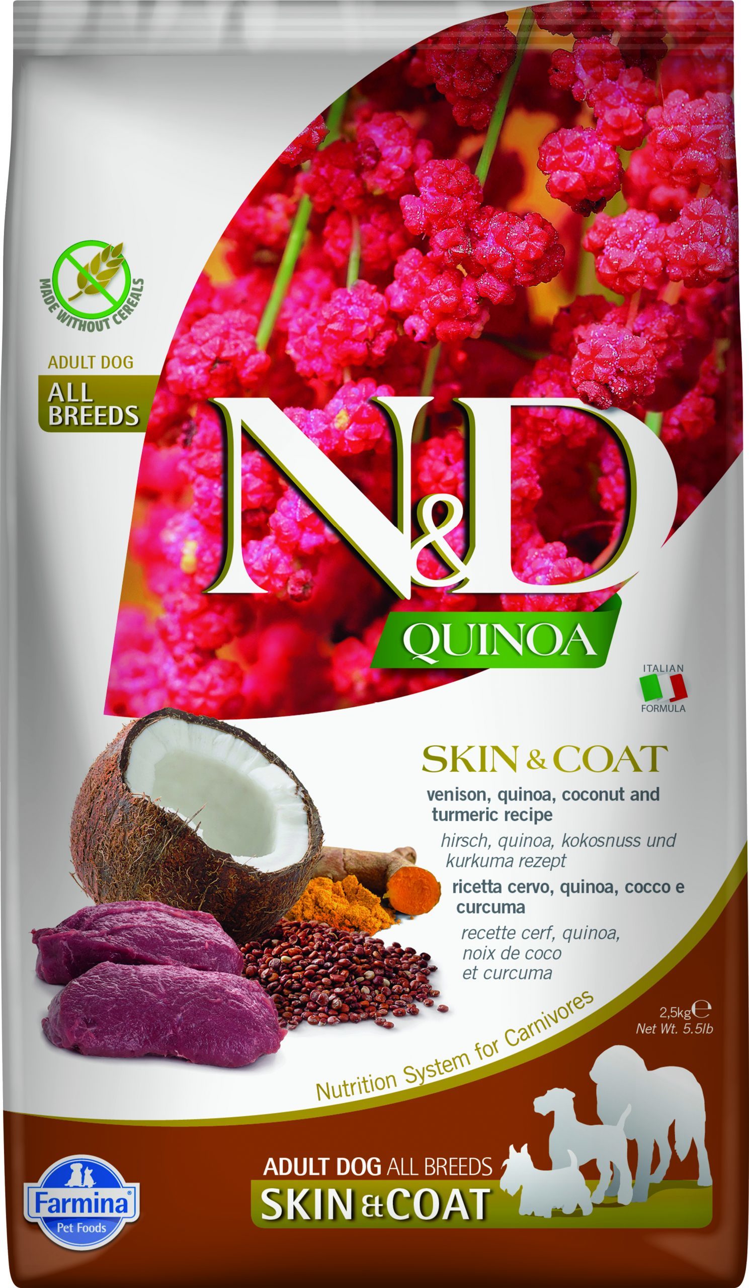 N&D dog quinoa bezgraudu sausā barība ar briedi, kvinoju, kokosriekstiem un kurkumu, pieaugušiem suņiem, skin&coat 7kg