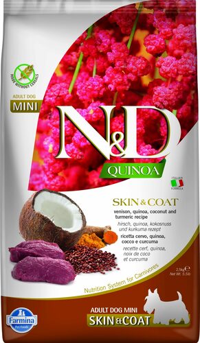 N&D dog quinoa bezgraudu sausā barība ar briedi, kvinoju, kokosriekstiem un kurkumu, pieaugušiem mazo šķirņu suņiem, skin&coat 2,5kg