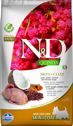 N&D dog quinoa bezgraudu sausā barība ar paipalu, kvinoju, kokosriekstiem un kurkumu, pieaugušiem mazo šķirņu suņiem, skin&coat 2,5kg