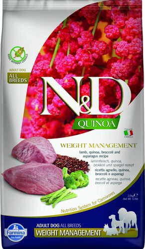 N&D dog grain-free dry food with lamb, quinoa, broccoli, and asparagus, for adult dogs, weight management 7kg