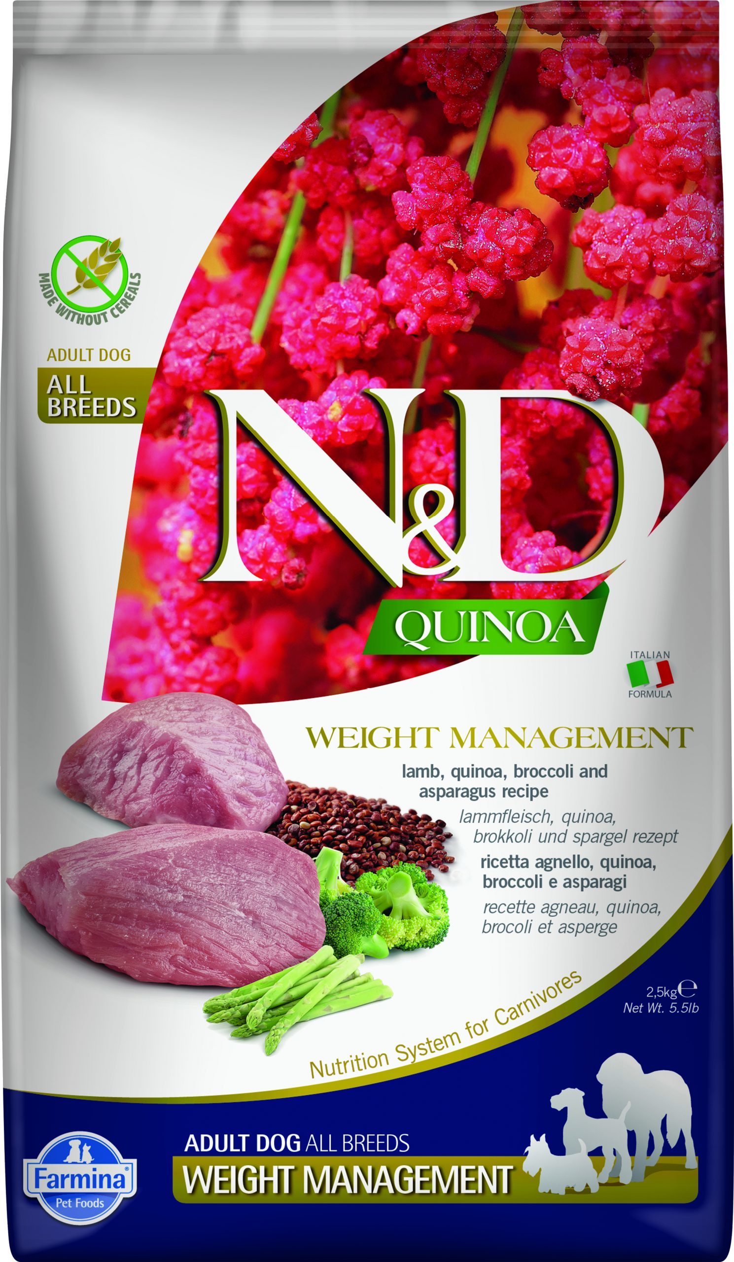 N&D dog quinoa bezgraudu sausā barība ar jēru, kvinoju, brokoļiem un sparģeļiem, pieaugušiem suņiem, weight management 7kg