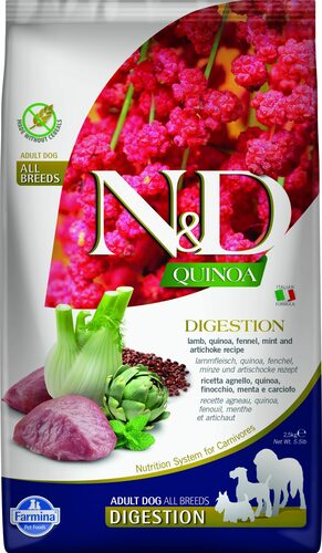 N&D dog quinoa bezgraudu sausā barība ar jēru, kvinoju, fenheli, piparmētru un artišokiem, pieaugušiem suņiem, Digestion 2,5kg