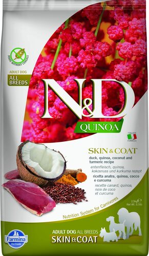 N&D dog quinoa bezgraudu sausā barība ar pīli, kvinoju, kokosriekstiem un kurkumu,skin&coat 7kg