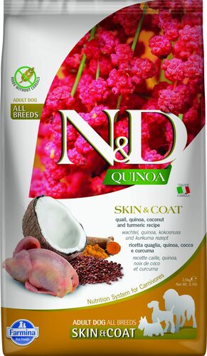 N&D dog quinoa bezgraudu sausā barība ar paipalu, kvinoju, kokosriekstiem un kurkumu, pieaugušiem suņiem, skin&coat 7kg