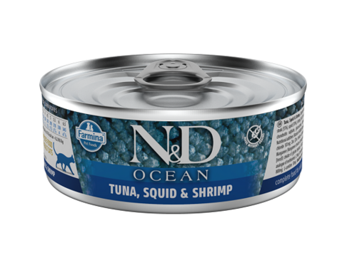 N&D cat grain-free canned food with tuna, squid, and shrimp 6x70g