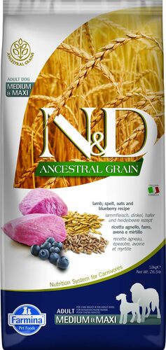 N&D dog ancestral grain sausā barība ar jēru un mellenēm, vidējo un lielo šķirņu kucēniem 12kg