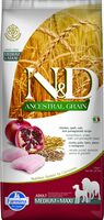 N&D dog ancestral grain sausā barība ar vistu, speltas kviešiem, auzām un granātāboliem, pieaugušiem vidējo un lielo šķirņu suņiem 12kg