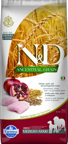 N&D dog dry food with chicken, spelt wheat, oats, and pomegranates, for adult medium and large breed dogs 12kg