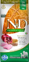 N&D dog ancestral grain selection, sausā barība ar vistu, plēkšņu kviešiem, auzām un granātāboliem, pieaugušiem vidējo un lielo šķirņu suņiem 15kg