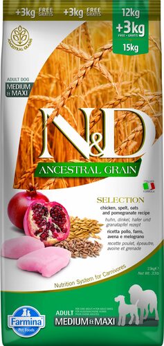 N&D dog ancestral grain selection, sausā barība ar vistu, plēkšņu kviešiem, auzām un granātāboliem, pieaugušiem vidējo un lielo šķirņu suņiem 15kg