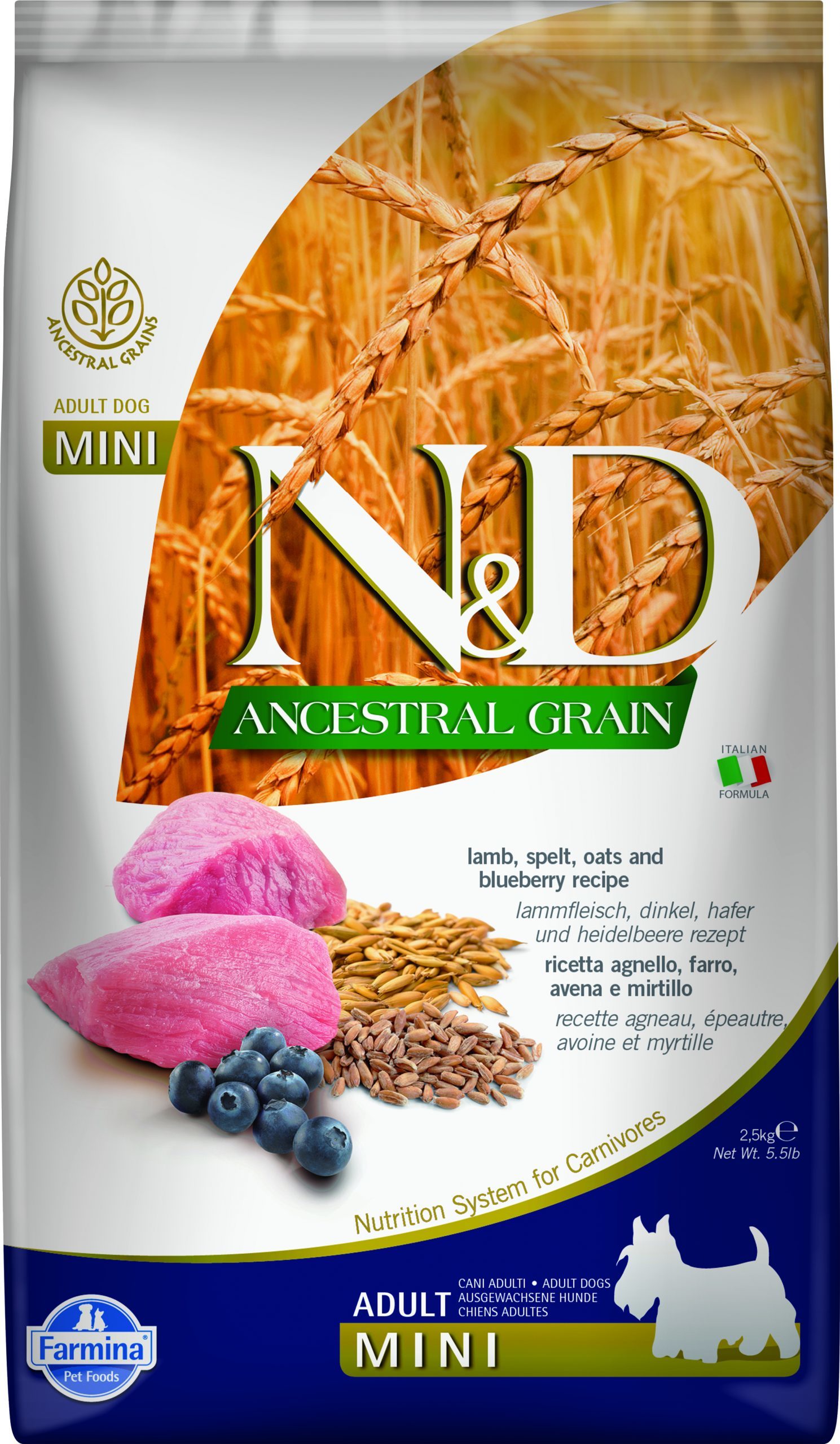 N&D dog ancestral grain sausā barība ar jēru, speltas kviešiem, auzām un mellenēm, pieaugušiem mazo šķirņu suņiem 800g