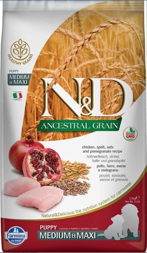 N&D dog ancestral grain sausā barība ar vistu, speltas kviešiem, auzām un granātāboliem, vidējo un lielo šķirņu kucēniem 12kg