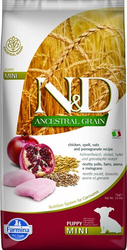 N&D dog ancestral grain sausā barība ar vistu, speltas kviešiem, auzām un granātāboliem, mazo šķirņu kucēniem 7kg