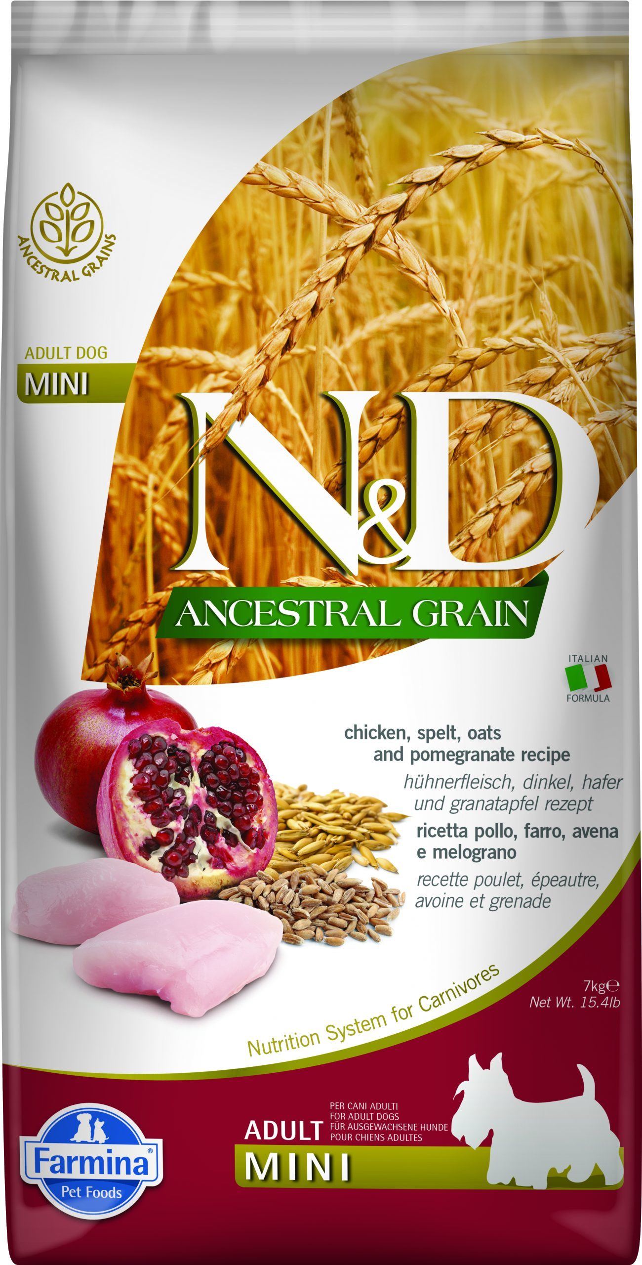 N&D dog ancestral grain sausā barība ar vistu, speltas kviešiem, auzām un granātāboliem, pieaugušiem mazo šķirņu suņiem 7kg