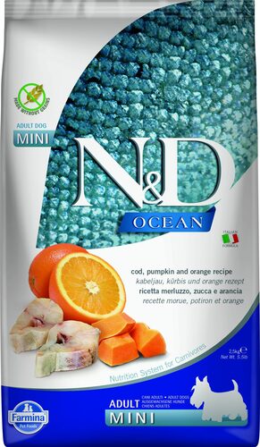 N&D dog dry food with cod, pumpkin, and oranges, for adult small breed dogs 7kg